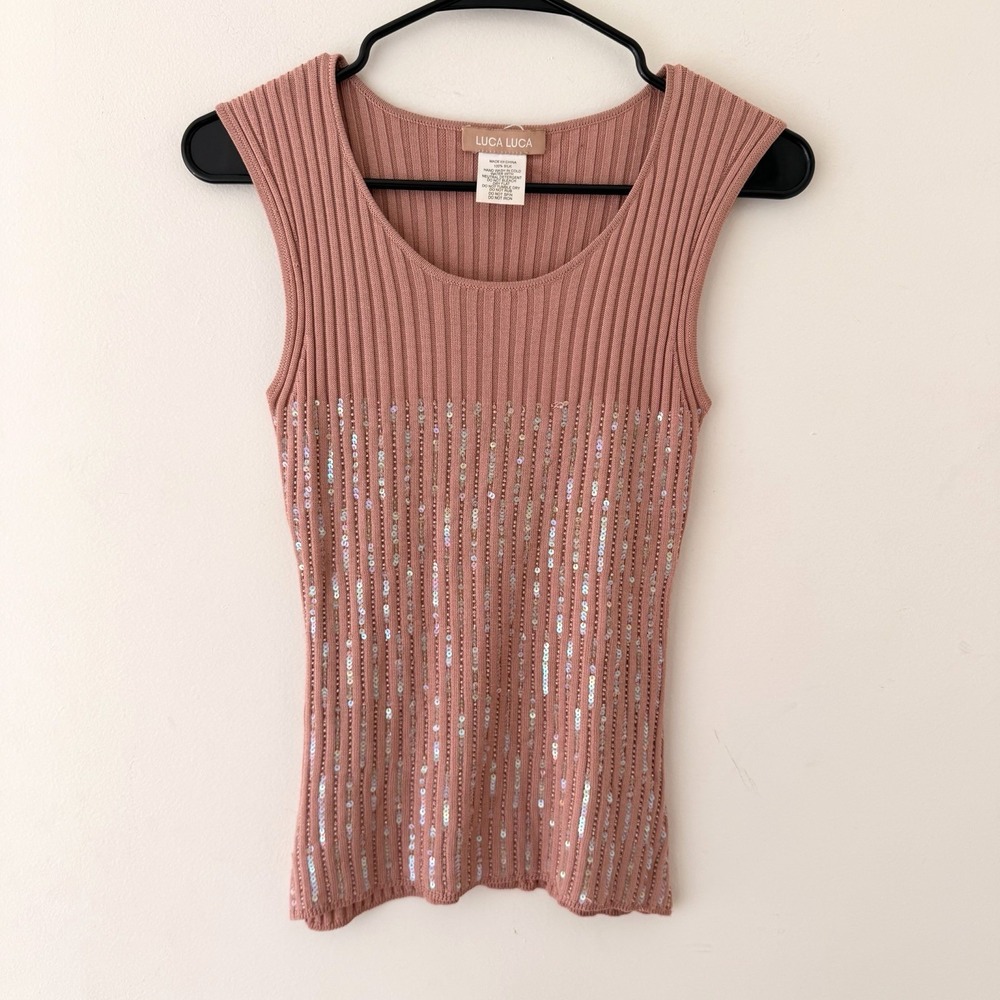 Luca Luca Silk Sequin‎ Ribbed Tank Top Size S Pink Y2K Coquette Party Glam